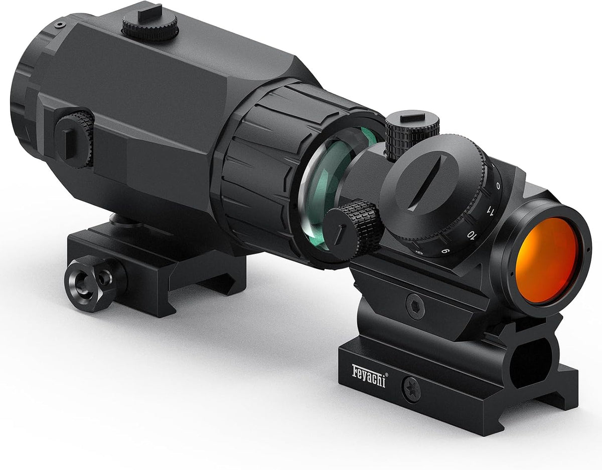 Feyachi RS-23 Red Dot Sight with M38 5X Magnifier Combo Kit, 1 x 22mm Red Dot Scope & Magnifier Built-in Flip Mount Combo