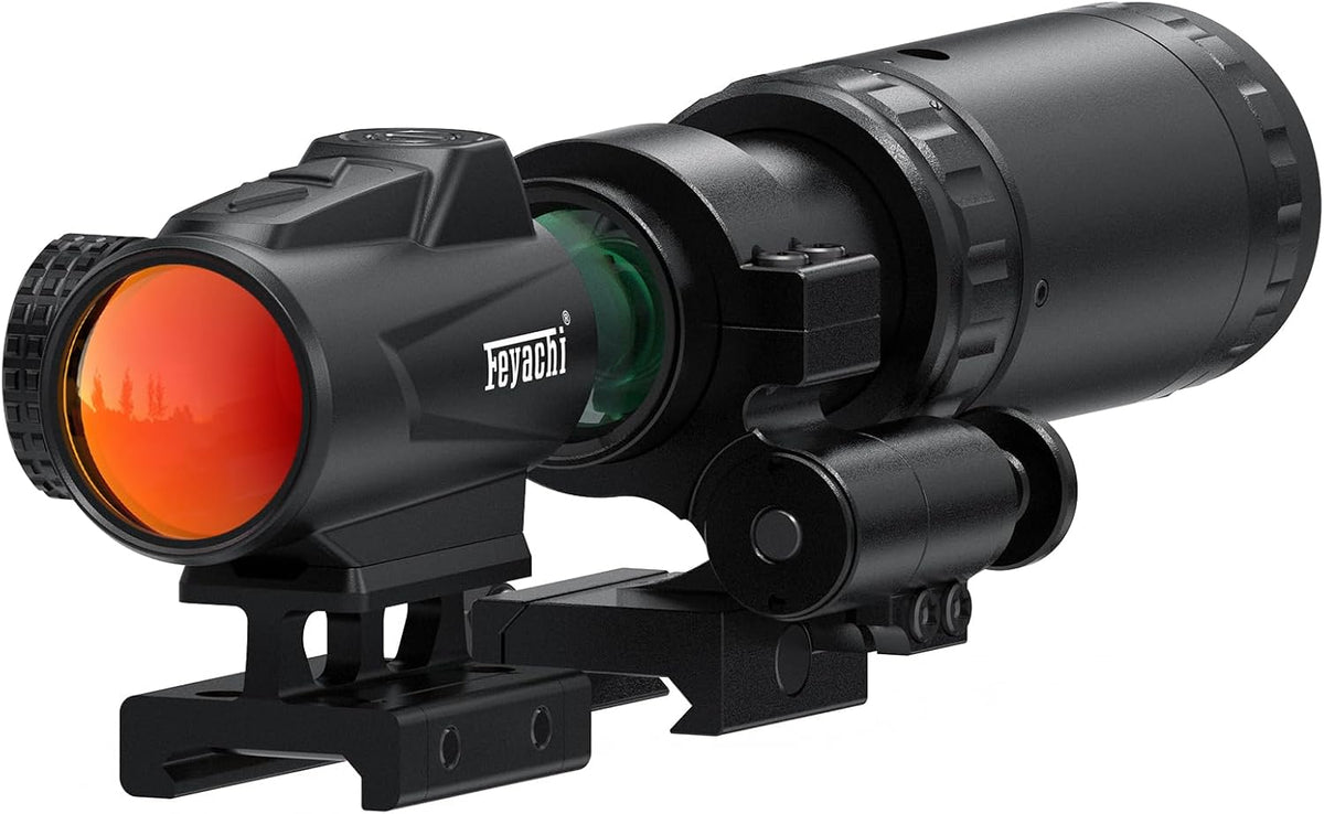 Feyachi V90 2 MOA Red Dot Sights with M37 5X Magnifier Combo Set 1 x 25mm Red Dot and Magnifier Combo Built-in Flip Mount Absolute Co-Witness