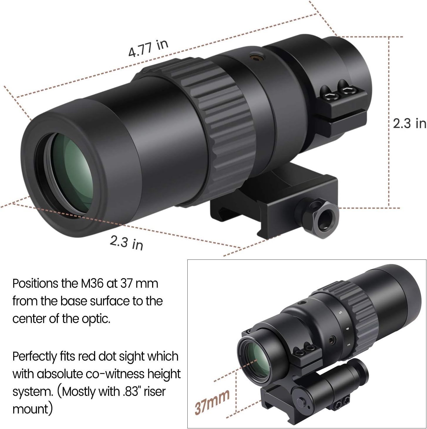 Feyachi 1.5X - 5X Zoomable Red Dot Magnifier for Absolute Co-Witness Red Dot Sight Reversible Fits Picatinny Rails