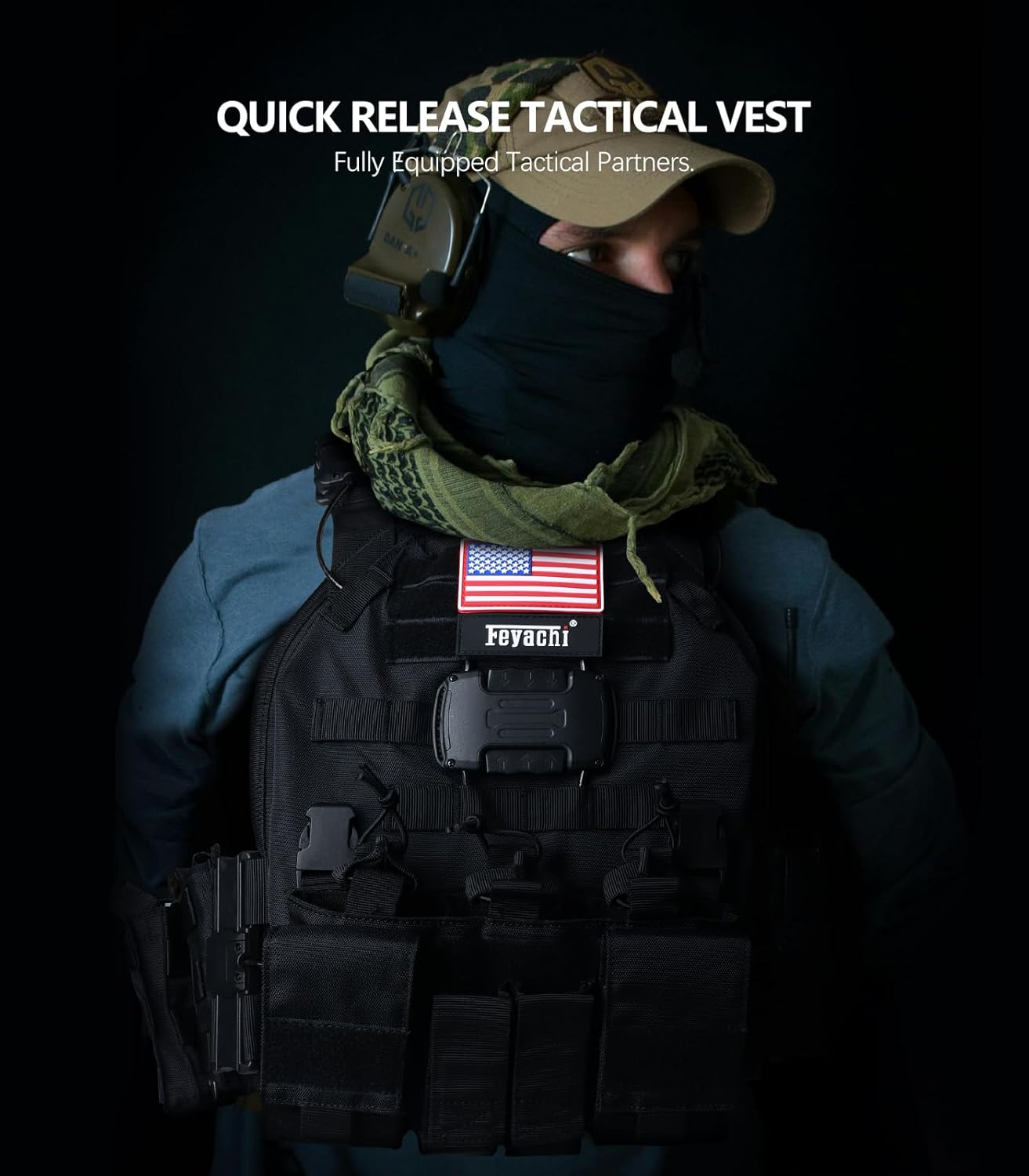 Feyachi TM-20 Magnetic Tactical Vest Airsoft Vest MOLLE System Multifunctional Quick Release Tactical Vest, Full Body Adjustable Magnetically Fixed One-Button Disassembly Vest